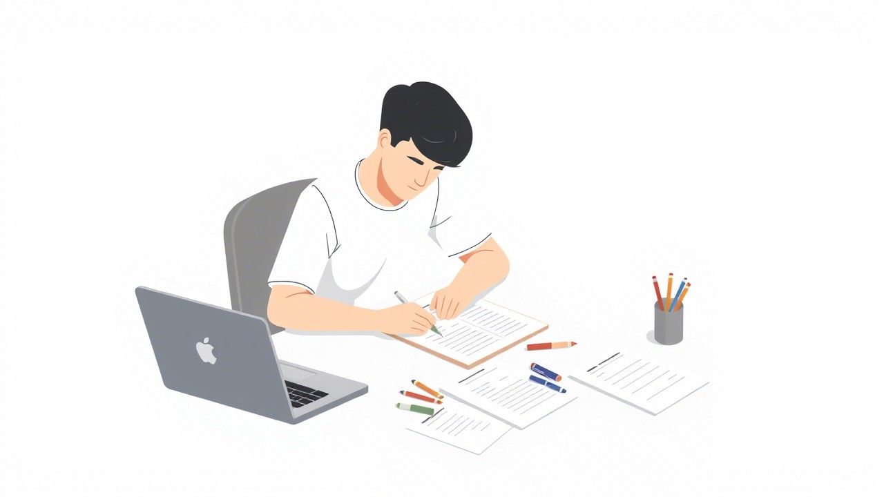 Illustration of a person filling out application forms for benefits.